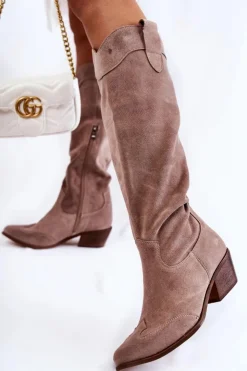 Boto Kozaki Wiosenne|Kozaki Przed Kolano*Damskie Kozaki Na Obcasie Lewski Shoes 3235 Cappucino