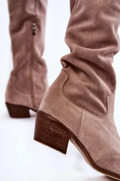 Boto Kozaki Wiosenne|Kozaki Przed Kolano*Damskie Kozaki Na Obcasie Lewski Shoes 3235 Cappucino