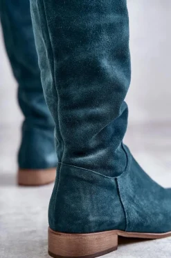 Damskie Boto Damskie Kozaki Na Płaskim Obcasie Zielone Isolde