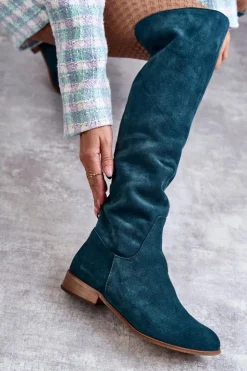 Damskie Boto Damskie Kozaki Na Płaskim Obcasie Zielone Isolde