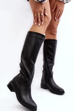 Clearance Boto Damskie Kozaki Na Płaskim Obcasie Przed Kolano Czarne Aviare