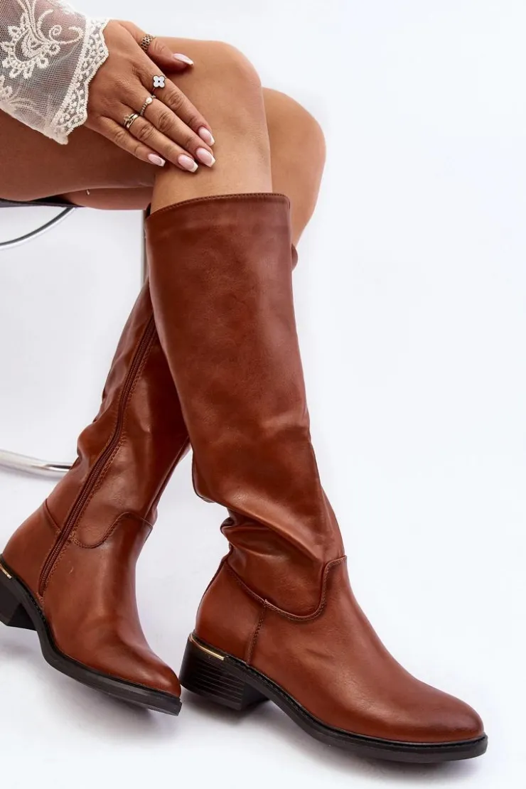 Hot Boto Damskie Kozaki Na Płaskim Obcasie Przed Kolano Brązowe Aviare