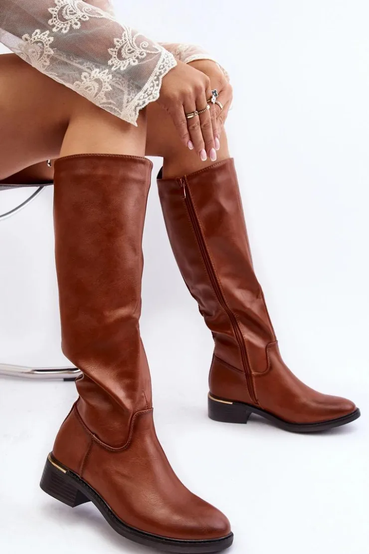 Hot Boto Damskie Kozaki Na Płaskim Obcasie Przed Kolano Brązowe Aviare