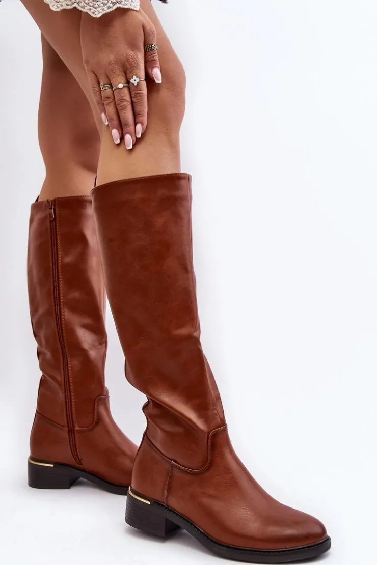 Hot Boto Damskie Kozaki Na Płaskim Obcasie Przed Kolano Brązowe Aviare