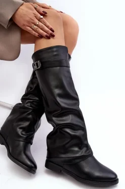 Damskie Boto Damskie Kozaki Na Płaskim Obcasie Z Marszczoną Cholewką Czarne Tercella