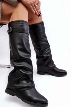 Damskie Boto Damskie Kozaki Na Płaskim Obcasie Z Marszczoną Cholewką Czarne Tercella