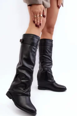 Damskie Boto Damskie Kozaki Na Płaskim Obcasie Z Marszczoną Cholewką Czarne Tercella