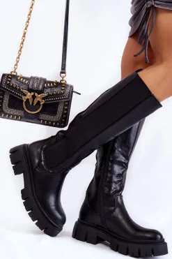 Best Evento Damskie Kozaki Na Platformie Do Kolana Czarne Milania
