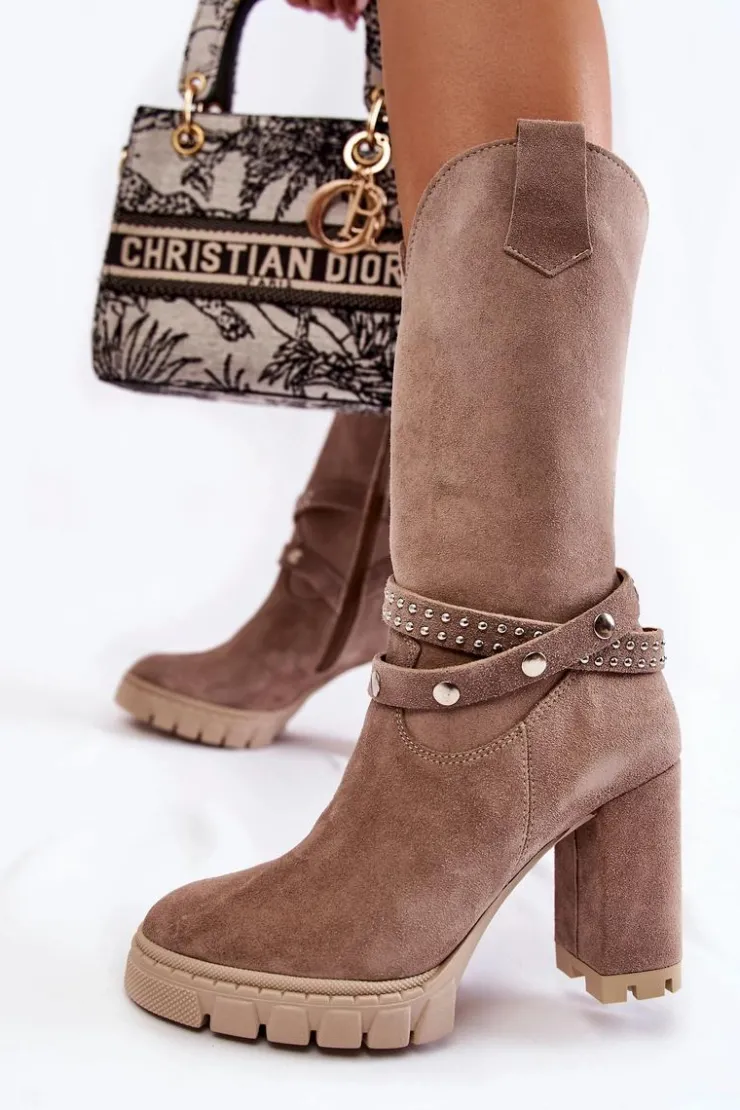 Sale Boto Damskie Kozaki Na Słupku Lewski Shoes 3246 Cappucino