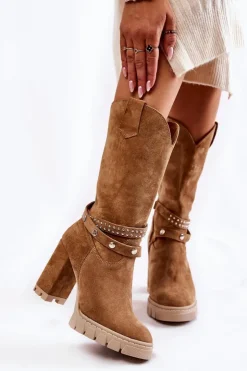 Damskie Boto Damskie Kozaki Na Słupku Lewski Shoes 3246 Beżowe