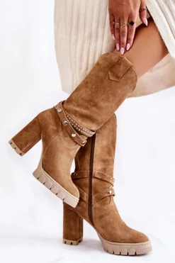 Damskie Boto Damskie Kozaki Na Słupku Lewski Shoes 3246 Beżowe