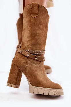 Damskie Boto Damskie Kozaki Na Słupku Lewski Shoes 3246 Beżowe