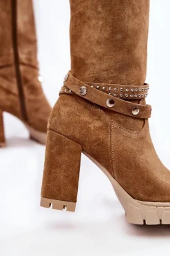 Damskie Boto Damskie Kozaki Na Słupku Lewski Shoes 3246 Beżowe