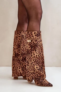 Damskie Boto Damskie Kozaki Na Słupku Przed Kolano Panterka Brązowe Portora