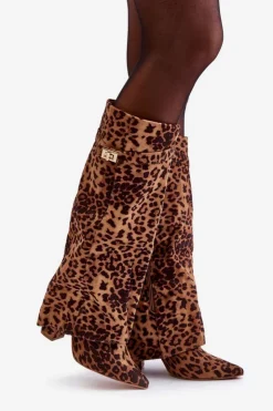 Damskie Boto Damskie Kozaki Na Słupku Przed Kolano Panterka Brązowe Portora