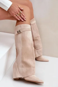 Damskie Boto Damskie Kozaki Na Słupku Przed Kolano Jasnobeżowe Portora