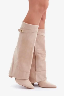 Damskie Boto Damskie Kozaki Na Słupku Przed Kolano Jasnobeżowe Portora