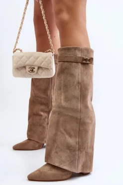 Boto Kozaki Wiosenne|Kozaki Przed Kolano*Damskie Kozaki Na Słupku Przed Kolano Beżowe Portora
