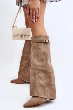 Boto Kozaki Wiosenne|Kozaki Przed Kolano*Damskie Kozaki Na Słupku Przed Kolano Beżowe Portora