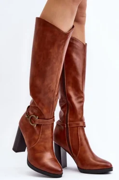 Outlet Boto Damskie Kozaki Na Słupku Z Ozdobą Przed Kolano Camel Rahallis