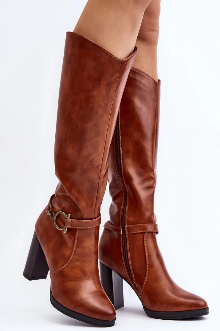 Outlet Boto Damskie Kozaki Na Słupku Z Ozdobą Przed Kolano Camel Rahallis