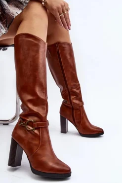 Outlet Boto Damskie Kozaki Na Słupku Z Ozdobą Przed Kolano Camel Rahallis