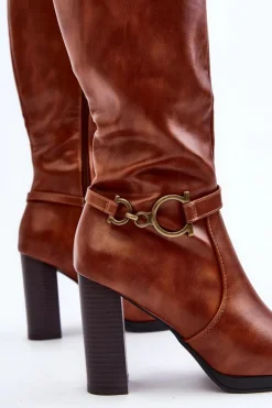 Outlet Boto Damskie Kozaki Na Słupku Z Ozdobą Przed Kolano Camel Rahallis