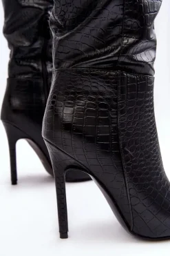 Clearance Boto Damskie Kozaki Na Szpilce Zwierzęcy Wzór Czarne Mambra