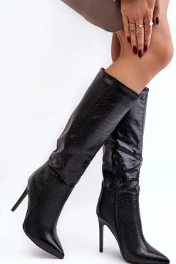 Clearance Boto Damskie Kozaki Na Szpilce Zwierzęcy Wzór Czarne Mambra