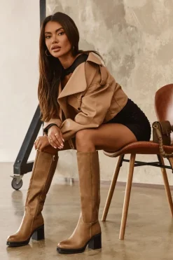 Boto Kozaki Przed Kolano|Kozaki Na Obcasie*Damskie Kozaki Ocieplane Na Słupku Ciemnobeżowe Theisen