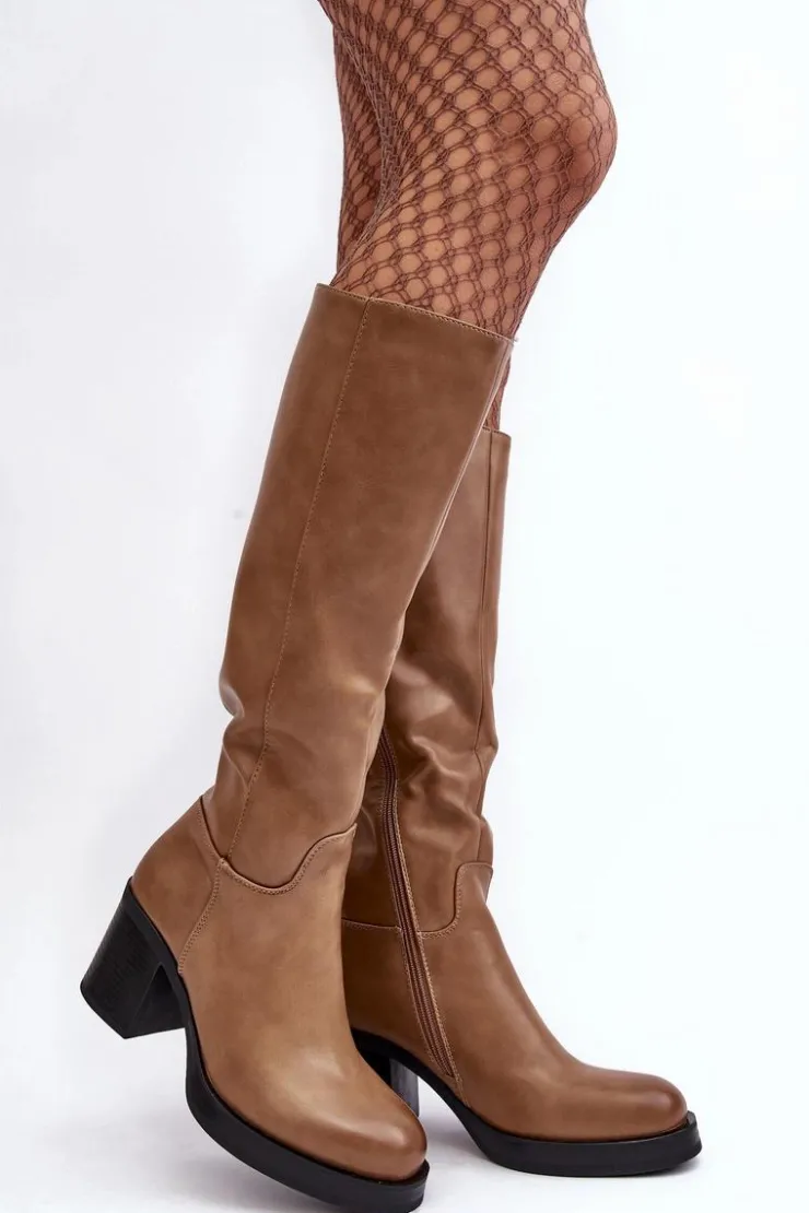 Boto Kozaki Przed Kolano|Kozaki Na Obcasie*Damskie Kozaki Ocieplane Na Słupku Ciemnobeżowe Theisen