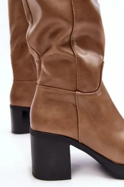 Boto Kozaki Przed Kolano|Kozaki Na Obcasie*Damskie Kozaki Ocieplane Na Słupku Ciemnobeżowe Theisen