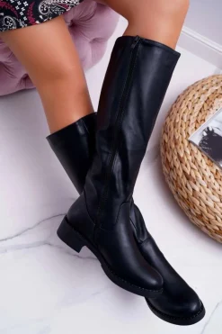 Hot Buty Sergio Leone Damskie Kozaki Płaski Obcas Sergio Leone Ocieplane Czarne KZ280