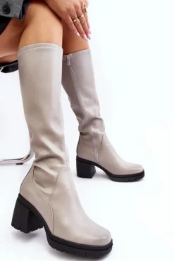 Online Buty Sergio Leone Damskie Kozaki Przed Kolano Na Obcasie Ocieplane Szare Sislene