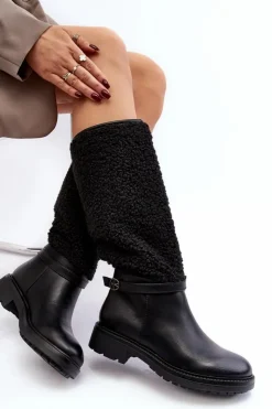 Online Boto Damskie Kozaki Przed Kolano Z Futerkiem Typu Baranek Czarne Bellama