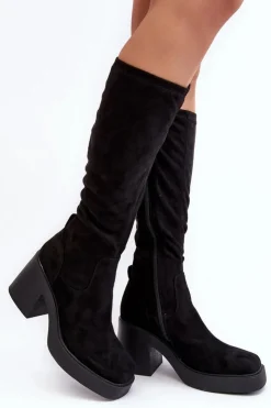 Damskie Damskie buty S.Barski Damskie Kozaki Przed Kolano Na Masywnym Słupku D&A SN622-10A Czarne