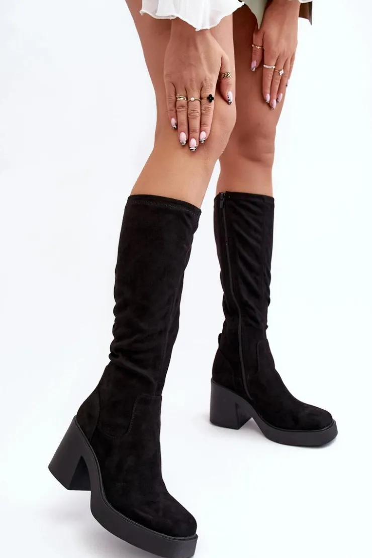 Damskie Damskie buty S.Barski Damskie Kozaki Przed Kolano Na Masywnym Słupku D&A SN622-10A Czarne