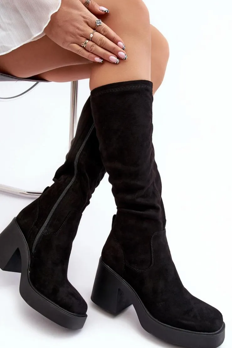 Damskie Damskie buty S.Barski Damskie Kozaki Przed Kolano Na Masywnym Słupku D&A SN622-10A Czarne