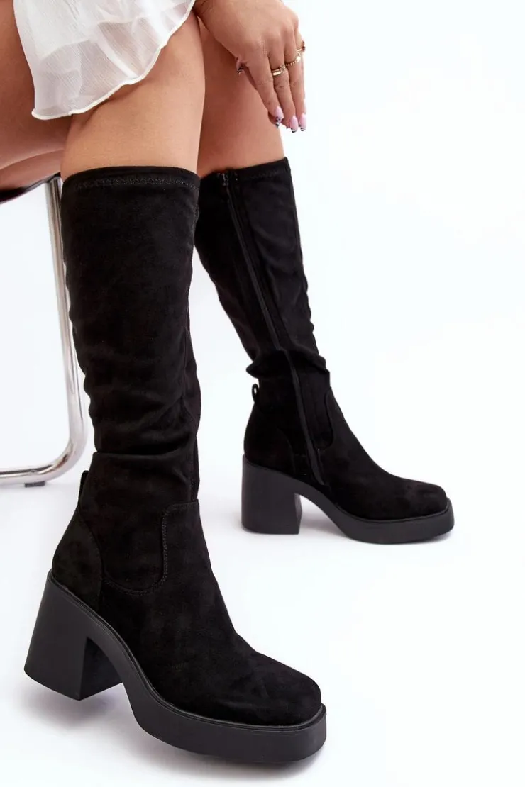 Damskie Damskie buty S.Barski Damskie Kozaki Przed Kolano Na Masywnym Słupku D&A SN622-10A Czarne