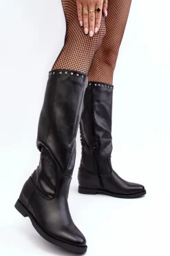 Boto Kozaki Płaskie|Kozaki Przed Kolano*Damskie Kozaki Przed Kolano Zdobione Ćwiekami Czarne Bevitis