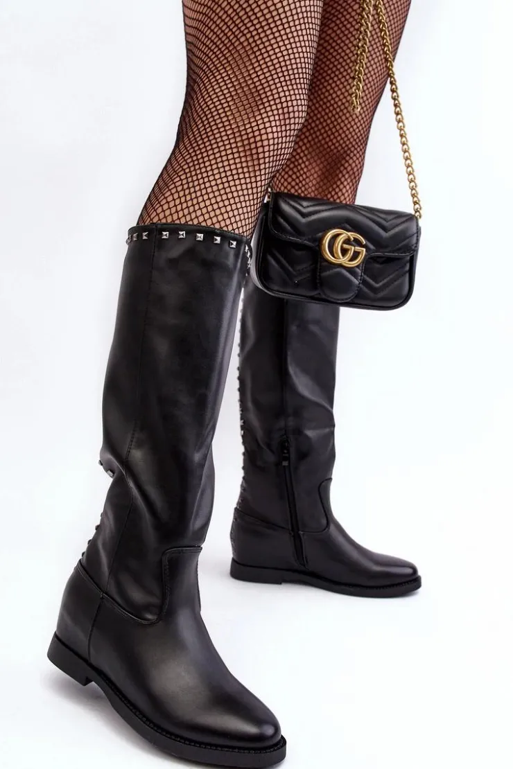 Boto Kozaki Płaskie|Kozaki Przed Kolano*Damskie Kozaki Przed Kolano Zdobione Ćwiekami Czarne Bevitis