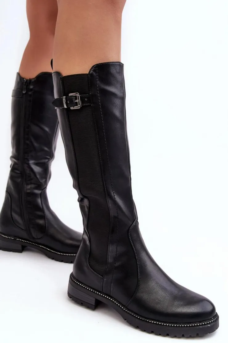 Damskie Evento Damskie Kozaki Przed Kolano Na Płaskim Obcasie Czarne Klemmo