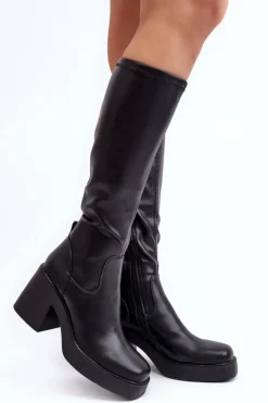 Damskie buty S.Barski Kozaki Na Słupku|Kozaki Przed Kolano*Damskie Kozaki Przed Kolano Na Masywnym Słupku D&A SN622-10 Czarne