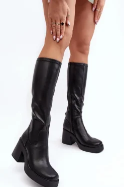 Damskie buty S.Barski Kozaki Na Słupku|Kozaki Przed Kolano*Damskie Kozaki Przed Kolano Na Masywnym Słupku D&A SN622-10 Czarne