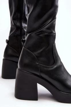 Damskie buty S.Barski Kozaki Na Słupku|Kozaki Przed Kolano*Damskie Kozaki Przed Kolano Na Masywnym Słupku D&A SN622-10 Czarne