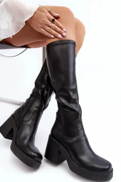 Damskie buty S.Barski Kozaki Na Słupku|Kozaki Przed Kolano*Damskie Kozaki Przed Kolano Na Masywnym Słupku D&A SN622-10 Czarne