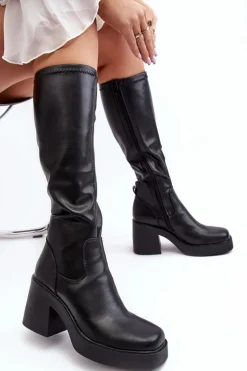 Damskie buty S.Barski Kozaki Na Słupku|Kozaki Przed Kolano*Damskie Kozaki Przed Kolano Na Masywnym Słupku D&A SN622-10 Czarne