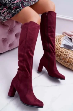 Sale Buty Sergio Leone Damskie Kozaki Sergio Leone Zamszowe Bordowe KZ275