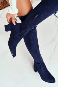 Buty Sergio Leone Kozaki Wiosenne|Kozaki Na Obcasie*Damskie kozaki Sergio Leone lycra granatowe KZ281