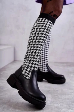 Damskie Boto Damskie Kozaki Skarpetkowe W Pepitkę Czarno-Białe Avira